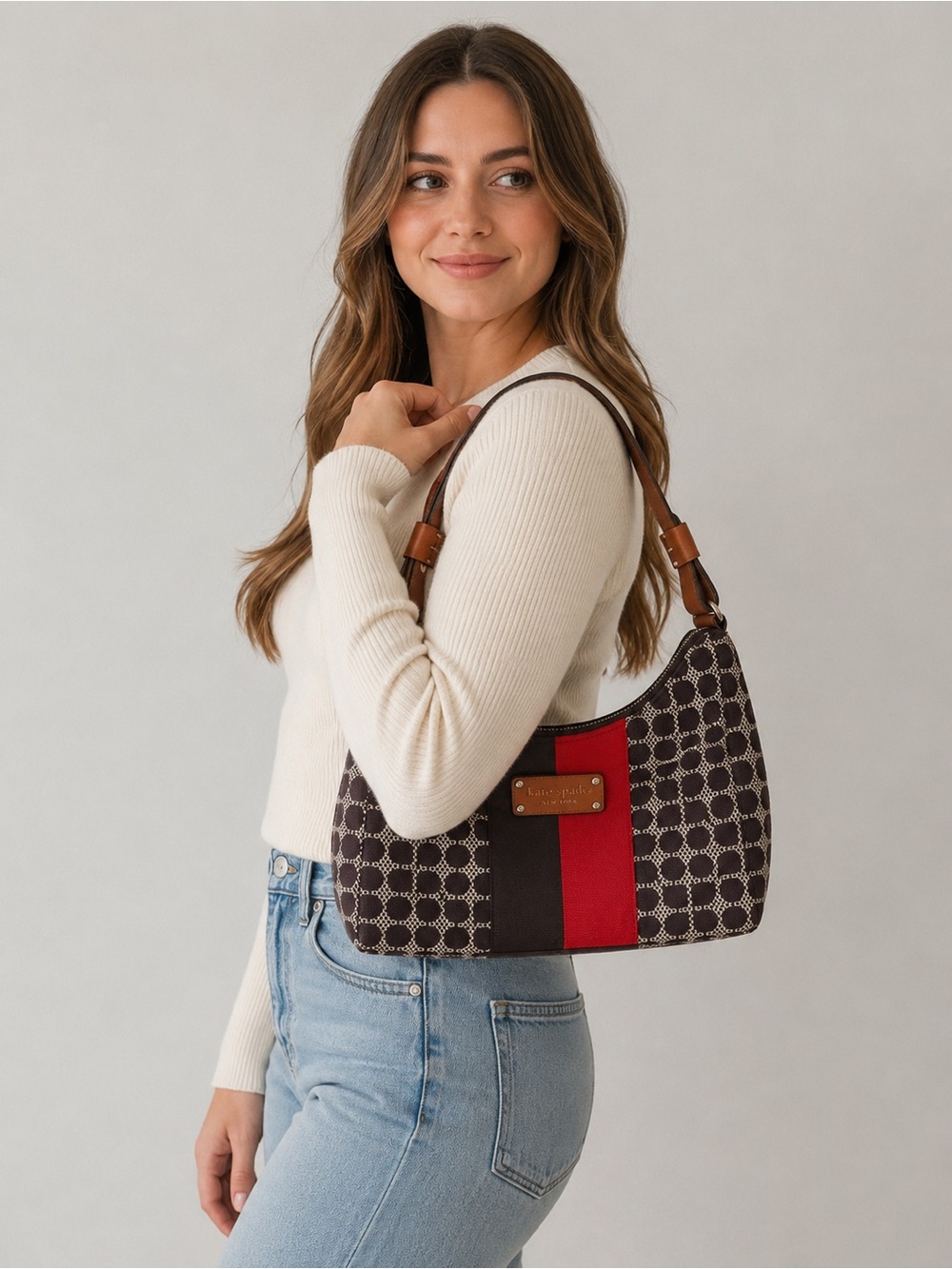 Kate Spade Noel Serena Shoulder Bag Red & Brown Preppy Hobo Bag